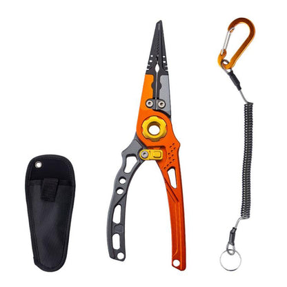Orange and gray fishing lure pliers with spring lock and lanyard clip