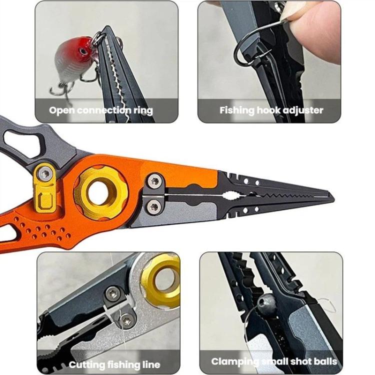 Orange and gray fishing lure pliers with hook adjuster and cutting jaws