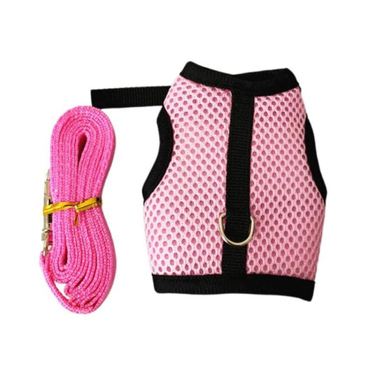 Small pet vest-style harness with leash, pink mesh and black trim