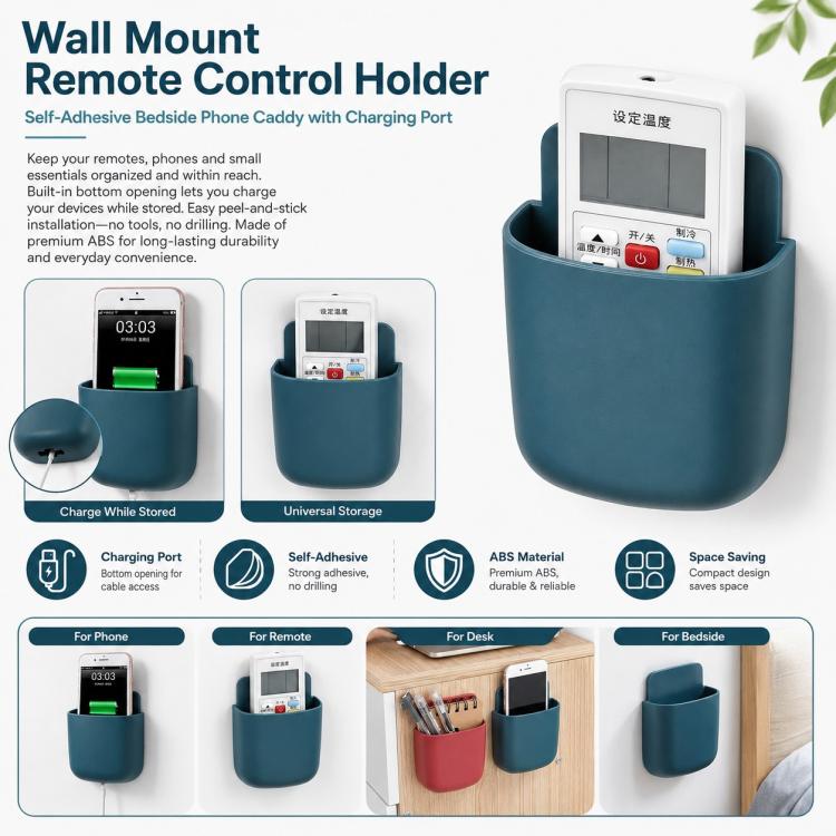 Wall Mount Remote Control Holder Self-Adhesive Bedside Phone Caddy Universal Storage Box Organizer with Charging Port