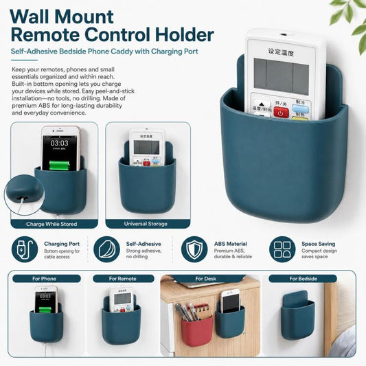 Wall Mount Remote Control Holder Self-Adhesive Bedside Phone Caddy Universal Storage Box Organizer with Charging Port