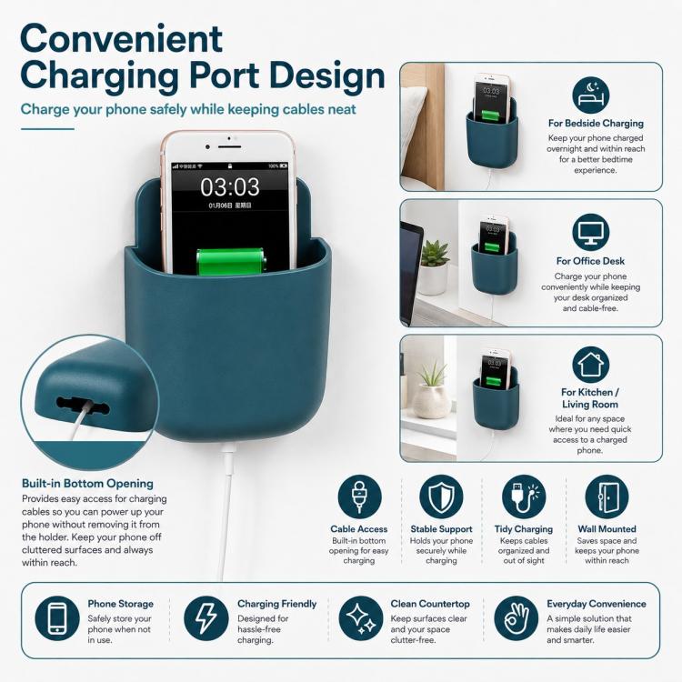 Wall Mount Remote Control Holder Self-Adhesive Bedside Phone Caddy Universal Storage Box Organizer with Charging Port