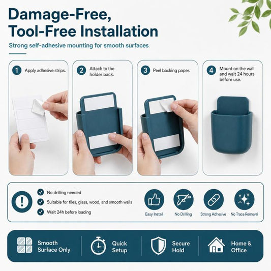 Wall Mount Remote Control Holder Self-Adhesive Bedside Phone Caddy Universal Storage Box Organizer with Charging Port