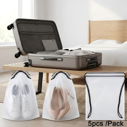 Frosted clear drawstring shoe storage bags, pack of 5, for travel