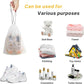 Clear drawstring storage bags with assorted items, multipurpose travel organizers