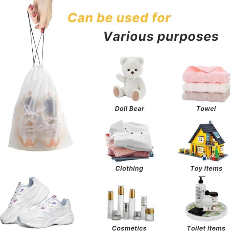 Clear drawstring storage bags with assorted items, multipurpose travel organizers