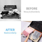 Frosted shoe bags with drawstring closures inside a travel suitcase organizer