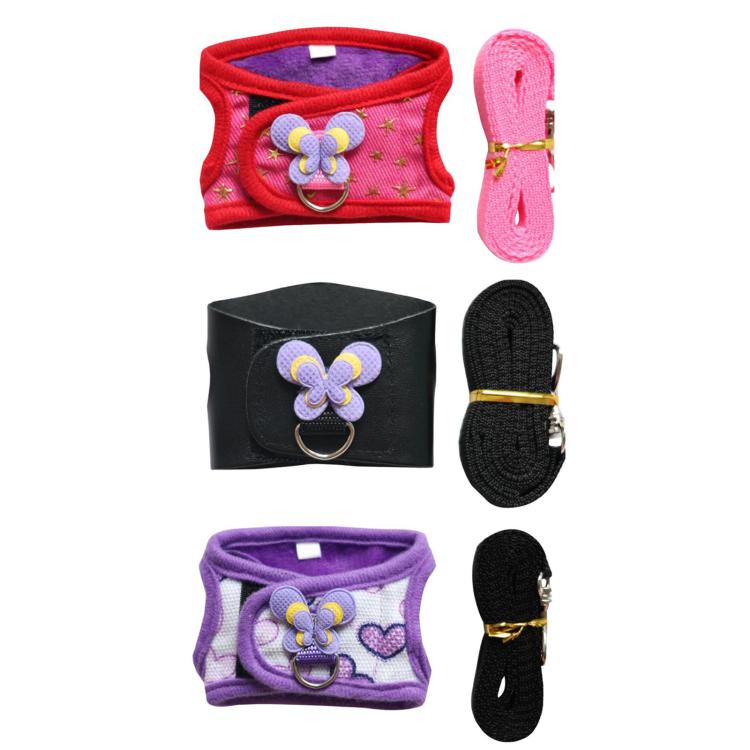 Assorted guinea pig harnesses: pink star, purple heart, and black with flower