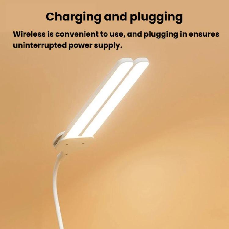 Dual-head LED clip-on reading lamp, white, with slim bar lights and gooseneck.