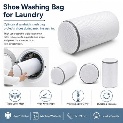 Cylindrical white mesh laundry bag with zipper cover for shoe washing, 35x21cm