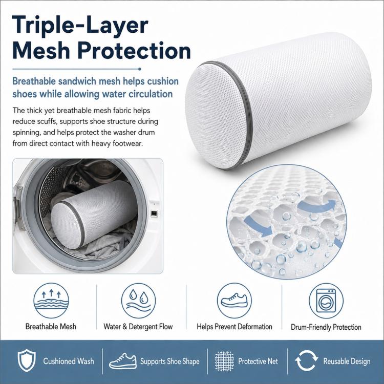 Cylindrical white sandwich-mesh laundry bag with zip cover, breathable protective net