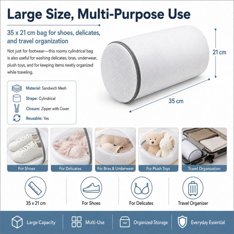 35x21cm cylindrical mesh laundry bag with zipper cover for shoes and delicates