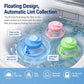 Set of floating lint filters with blue, pink, and green caps on washer water surface