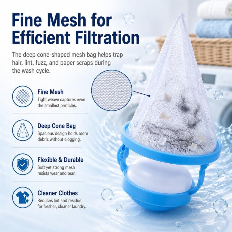 Cone-shaped fine mesh lint filter bag with blue rim, filled with trapped debris