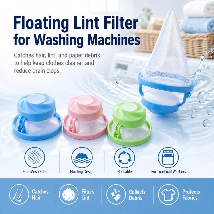 Floating lint filter for washing machines with mesh bag in blue, pink, and green