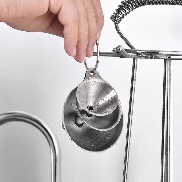Stainless steel funnel dispenser held by ring handle, metal spout top