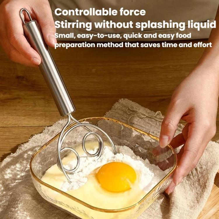 Stainless steel double-coil cream whisk stirring ingredients in a bowl