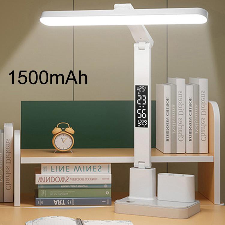 White portable LED desk lamp with time display and pen holder base