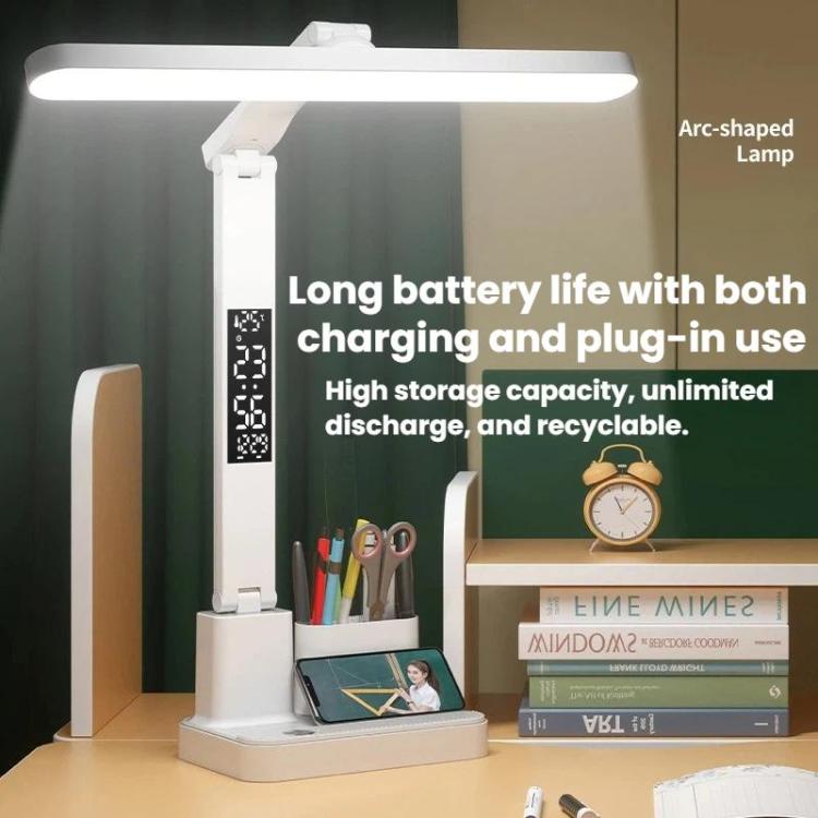 White portable LED desk lamp with arched lamp head and pen holder base