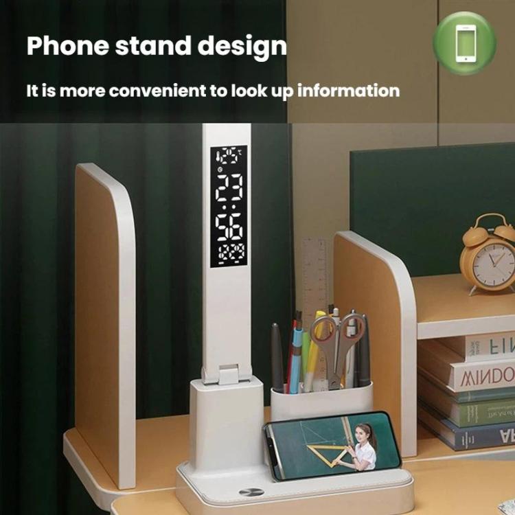 White portable LED desk lamp with phone stand and pen holder base