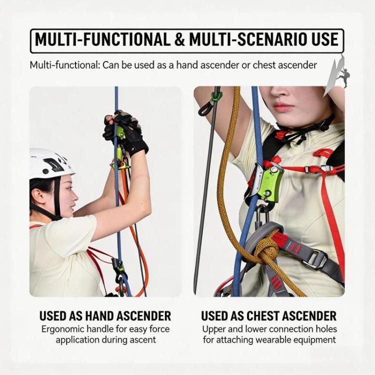 Rope ascender attached to harness for ascent and chest mount connection