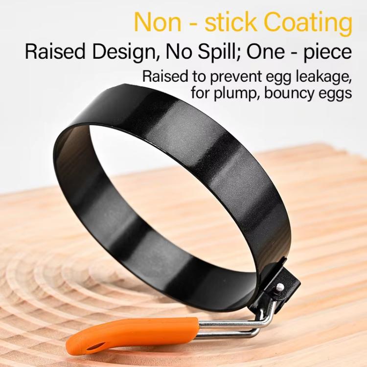 Round non-stick egg mold ring with orange silicone handle and metal latch