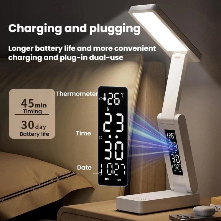 Xiajule Rechargeable Smart Digital Display Clock Folding Desk Lamp, Eye-Caring Study Bedside Reading Light