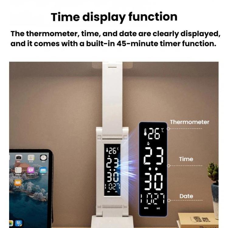 Xiajule Rechargeable Smart Digital Display Clock Folding Desk Lamp, Eye-Caring Study Bedside Reading Light
