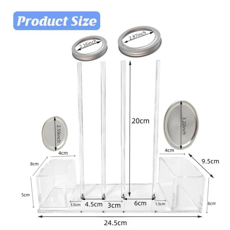 Clear acrylic lid organizer with four posts, sized for standard and wide-mouth lids