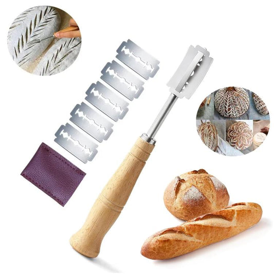 LsCook 7-Piece Set 304 Stainless Steel Bread Trimming Knife Dough Dividing Knife Wooden Handle Curved Bread Knife