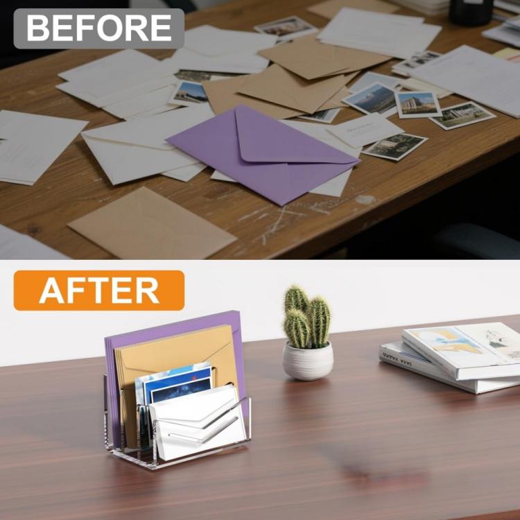 Clear 3-layer letter organizer holding stacked envelopes on a desk