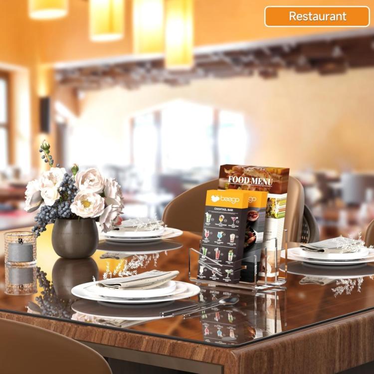 Clear acrylic 3-layer card holder organizer displaying restaurant menu cards