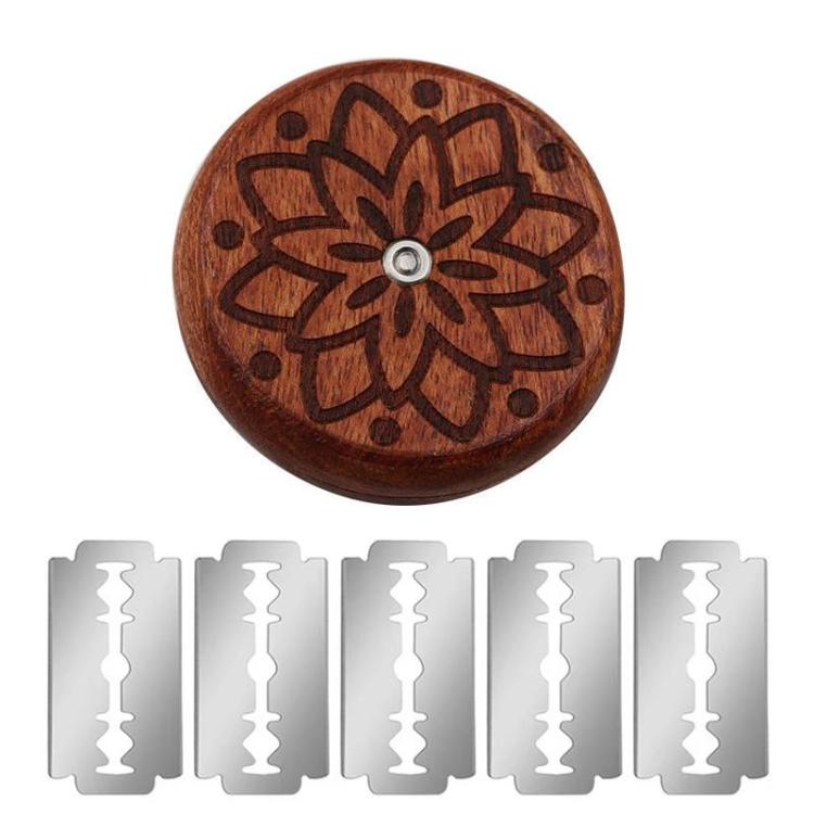 Round wooden bread slicer handle with floral engraving and five silver blade inserts