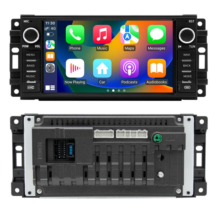 7-inch car stereo showing front controls and rear wiring ports on the back panel