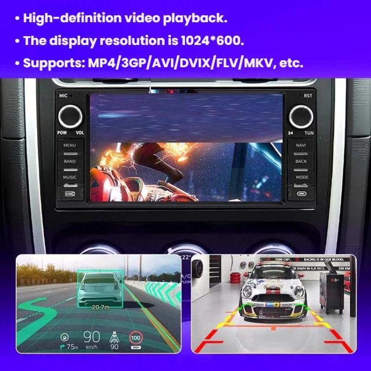In-car 7-inch touchscreen stereo showing video playback on the display