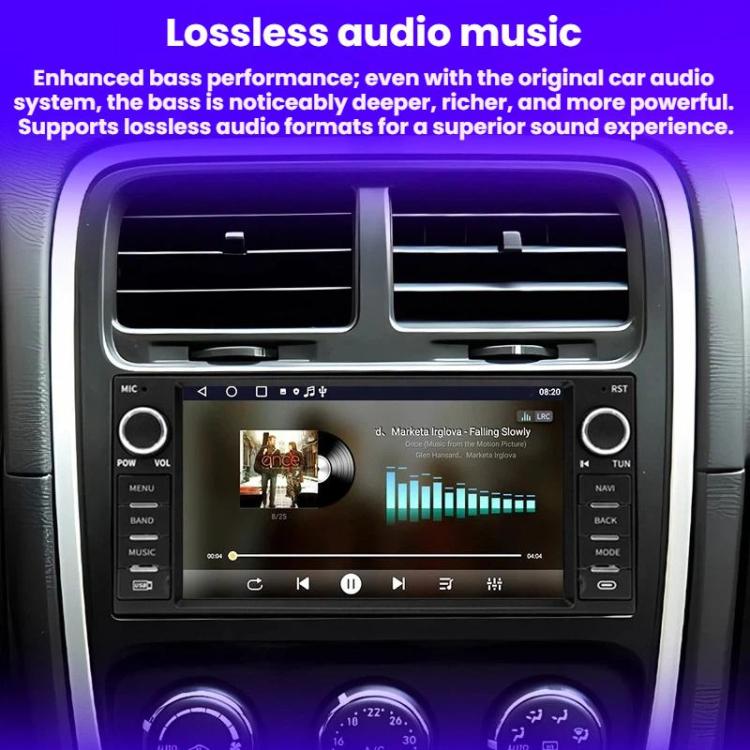 In-dash 7-inch audio stereo with music playback screen visible