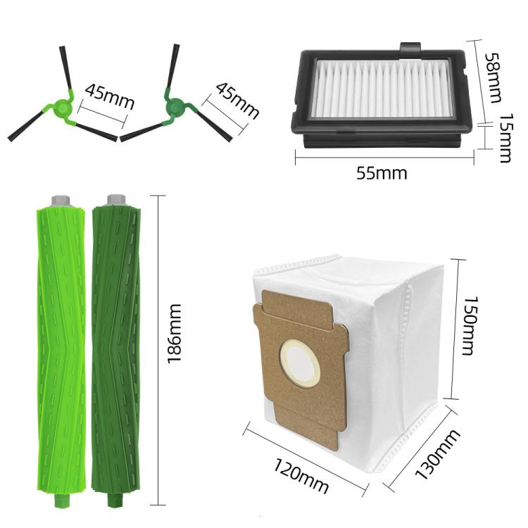 Robot vacuum replacement combo set: main brushes, side brushes, HEPA filter, dust bag