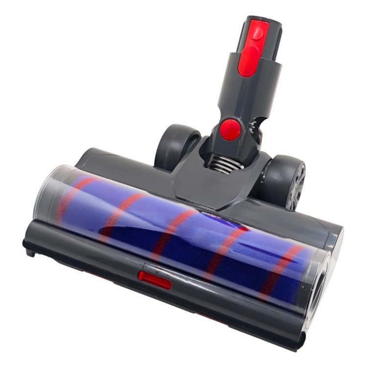 Electric motorized floor brush head with blue and red striped roller, black housing