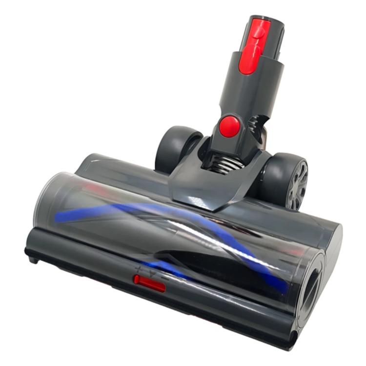 Electric motorized floor brush head with clear roller cover and blue/red striped roller