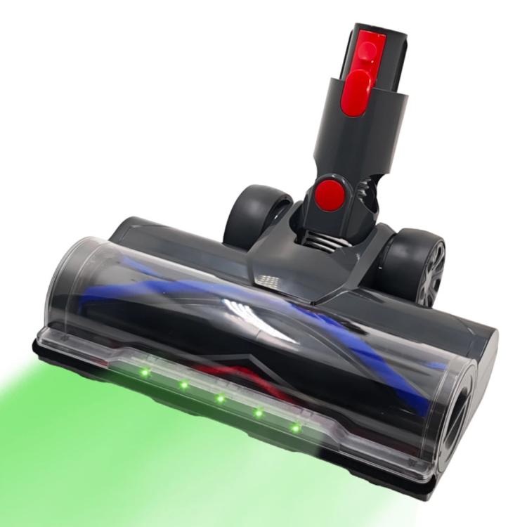 Electric motorized floor brush head with clear roller cover and LED light strip