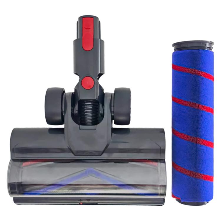 Electric floor brush head with clear roller housing and blue roller insert