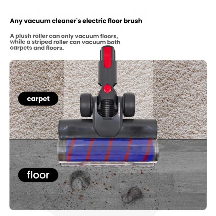 Electric floor brush head with clear roller cover and red power button