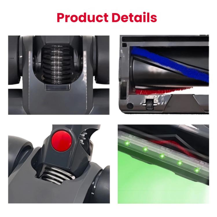 Electric floor brush head close-ups showing roller compartment, LED strip, and red button