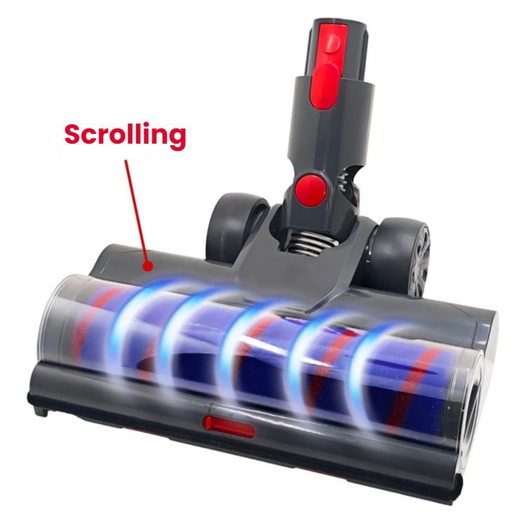 Electric motorized floor brush head with transparent roller cover and red switch