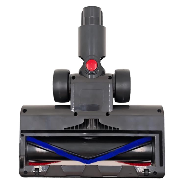 Electric motorized floor brush head with red button, wide nozzle and blue trim