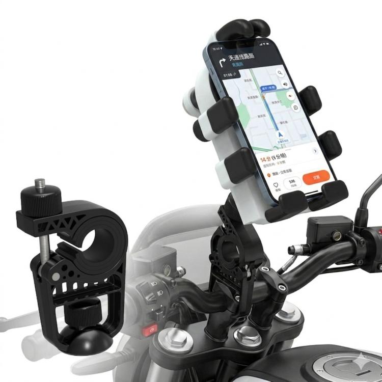 Angled all-black motorcycle phone mount with multiple clamp arms holding a smartphone