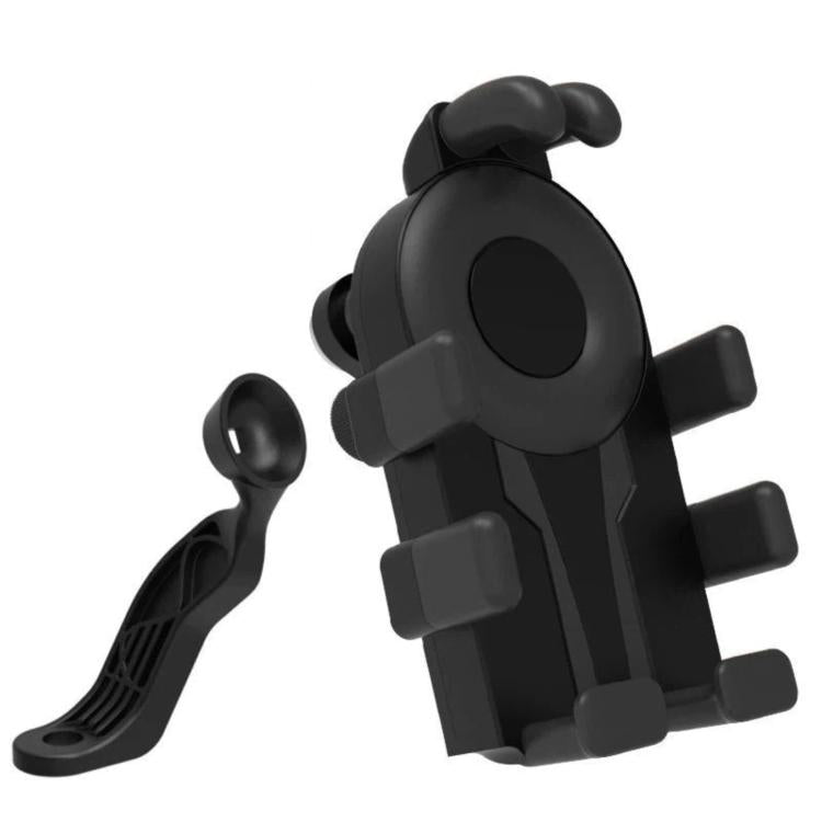Black motorcycle phone mount bracket with clamp arm and base