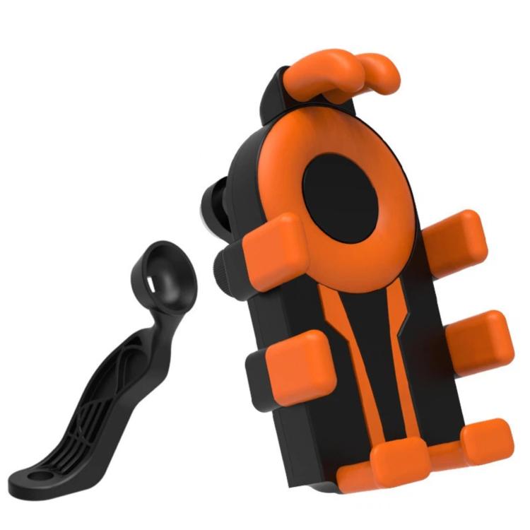 Orange and black motorcycle phone mount bracket with clamp arm and base