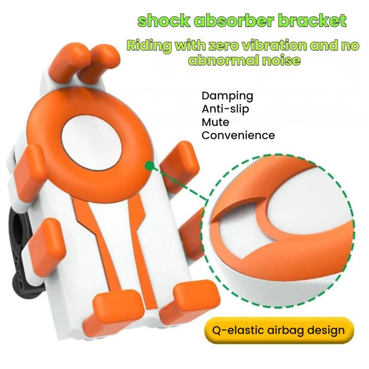 Shockproof motorcycle phone mount with orange shock-absorber arms and clamp base