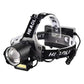 Long-range zoom LED headlamp with wide strap and black charging case module